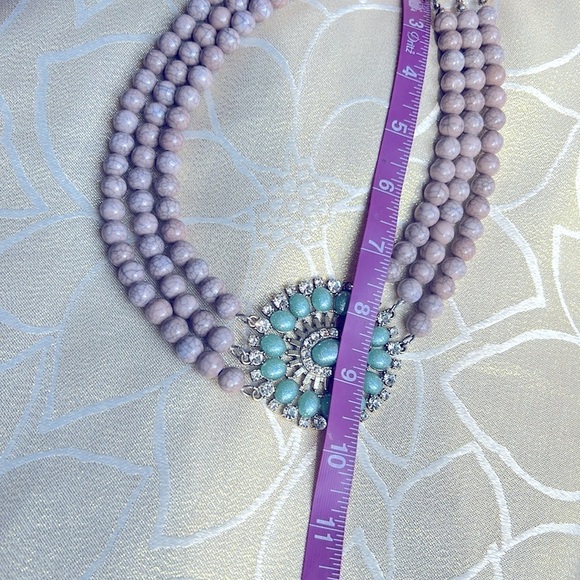 Gray Beaded Turquoise Rhinestones Gold Necklace 19” Center Pendant 2.5” - Picture 10 of 10